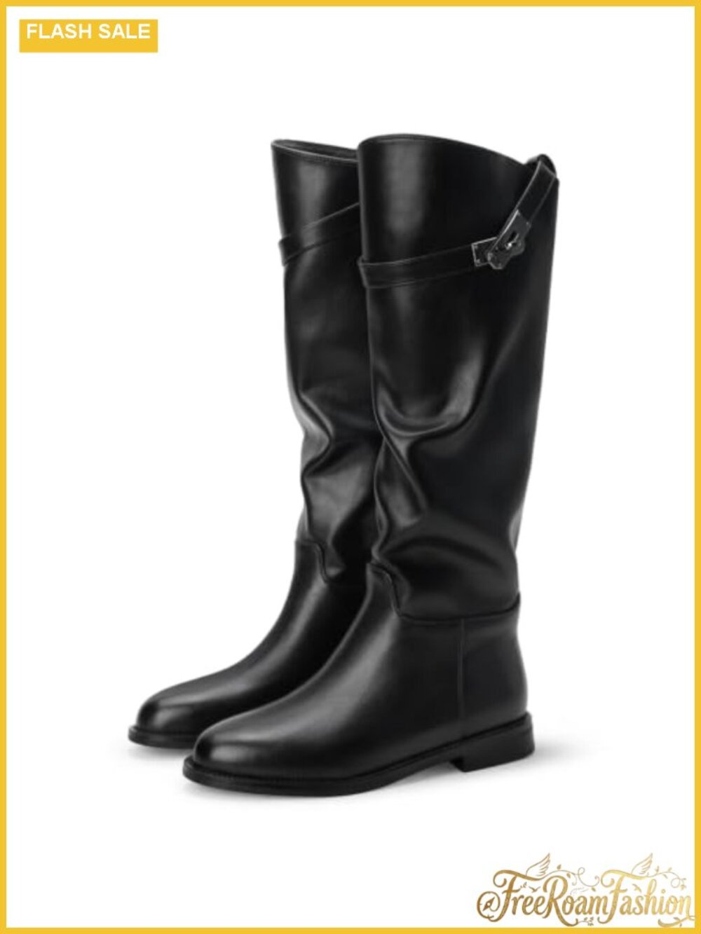 Womens Faux Leather Knee High Riding Boots Pull On Slouchy 1 Inch Low Heel
